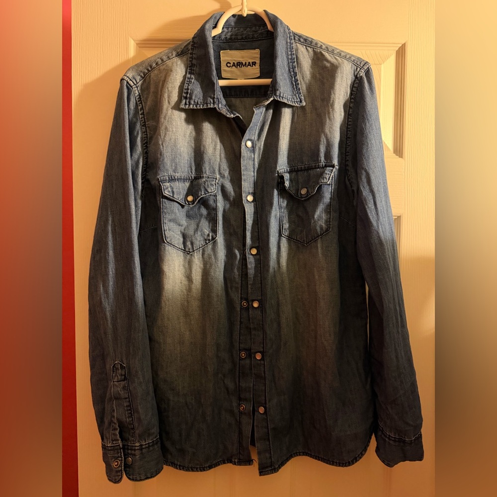 Carmar Washed Denim Snap-Front Shirt - Blue